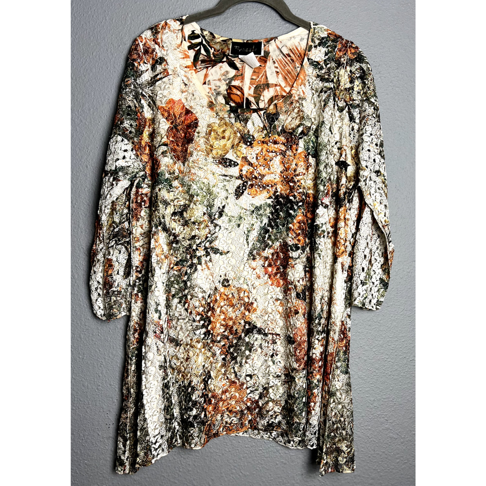 Frazzle Large Lace Peek A Boo Fairy Fall Tone Sheer Floral Artsy Blouse Top Boho